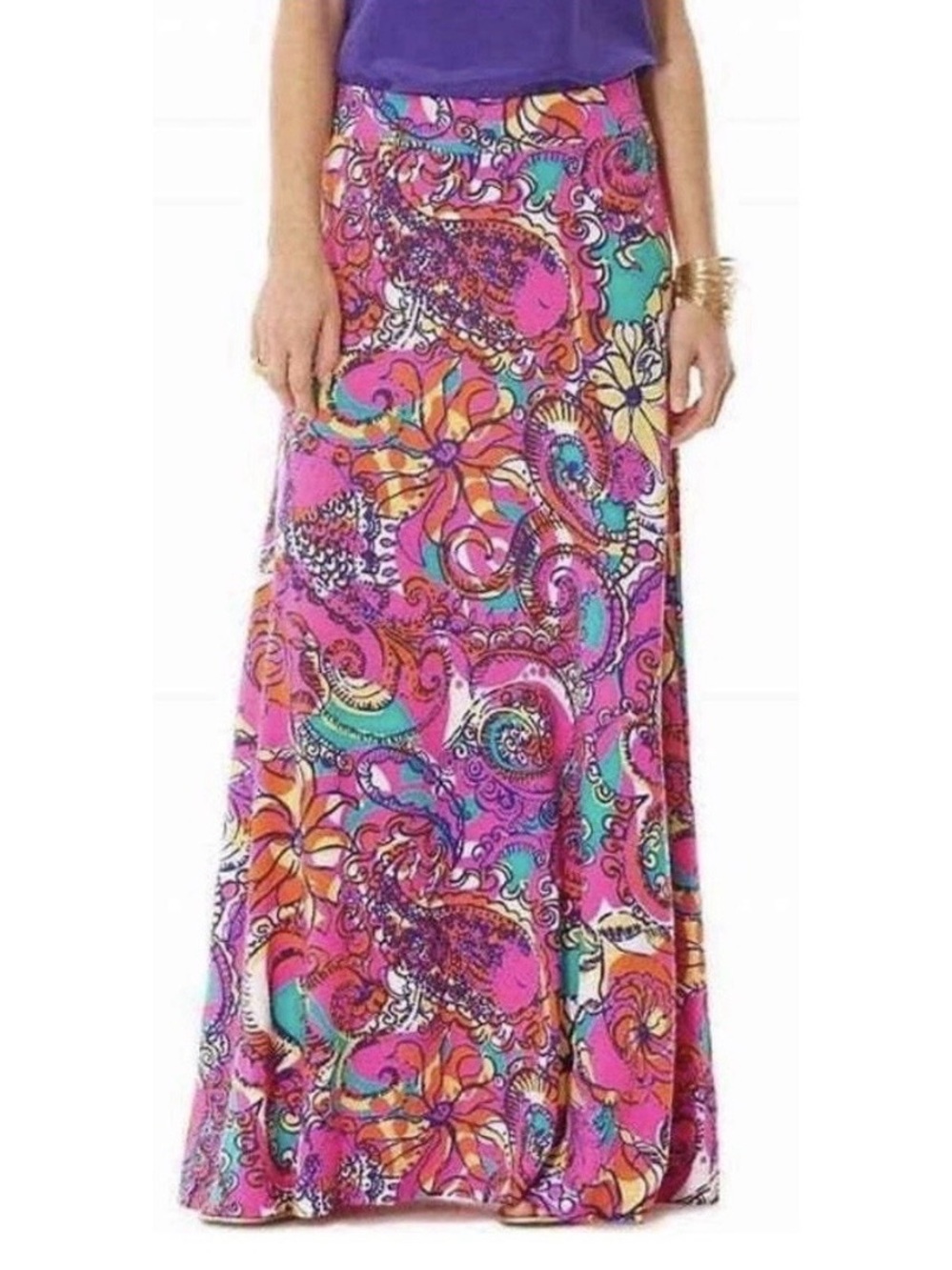Lilly Pulitzer NEW Beale Maxi Skirt In Sea And Be Seen Purple/Pink Sz.L Colorful